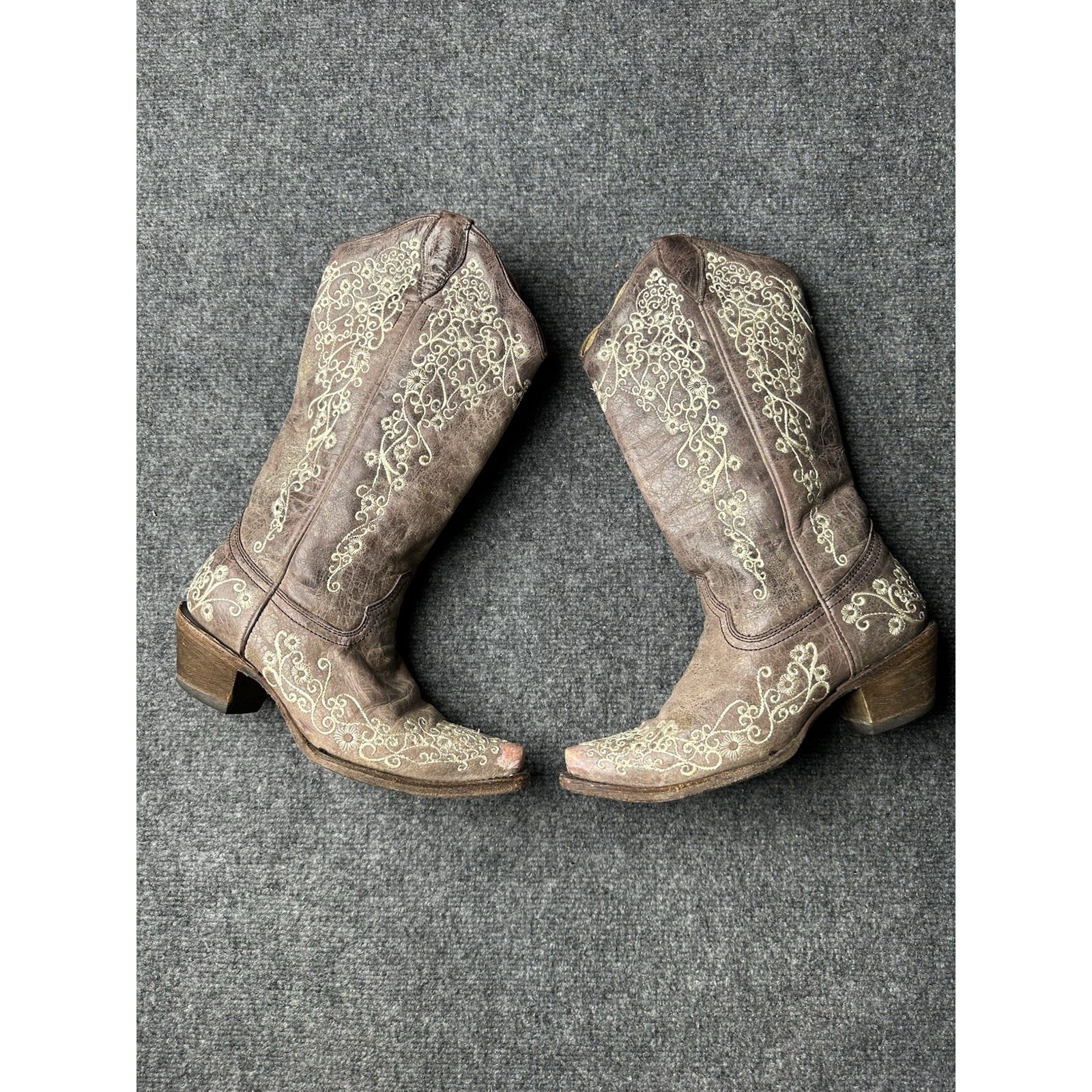 Womens Cowboy Boots Corral Brown Floral Embroidered Leather, Size Us 6 M